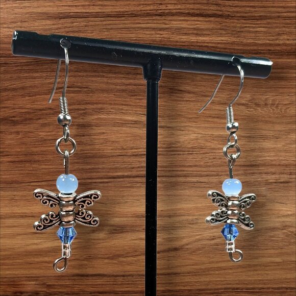 Blue Crystal Dragonfly Dangle Earrings - Picture 3 of 9